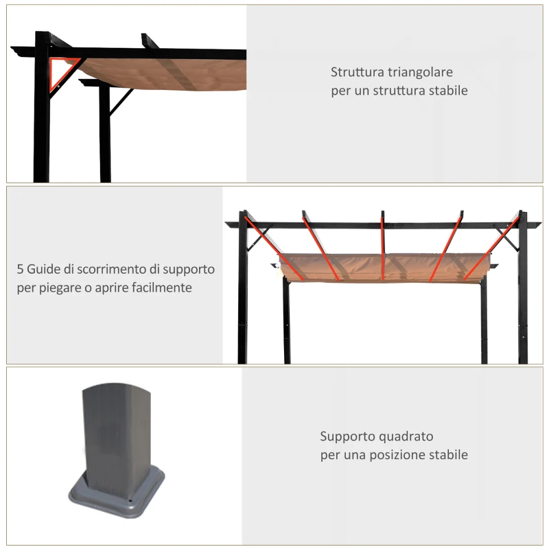 Outsunny Gazebo Pergola da Giardino 3x4m con Telo in Poliestere e Struttura in Alluminio, Grigio e Marrone
