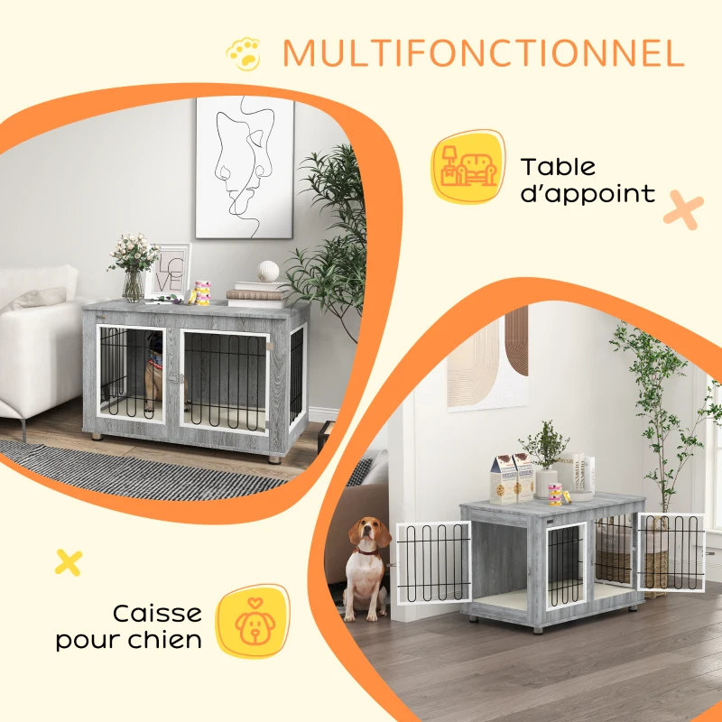 PawHut Cage pour chien animaux cage de chien sur pied avec coussin amovible acier aspect bois 90 x 58 x 65 cm gris
