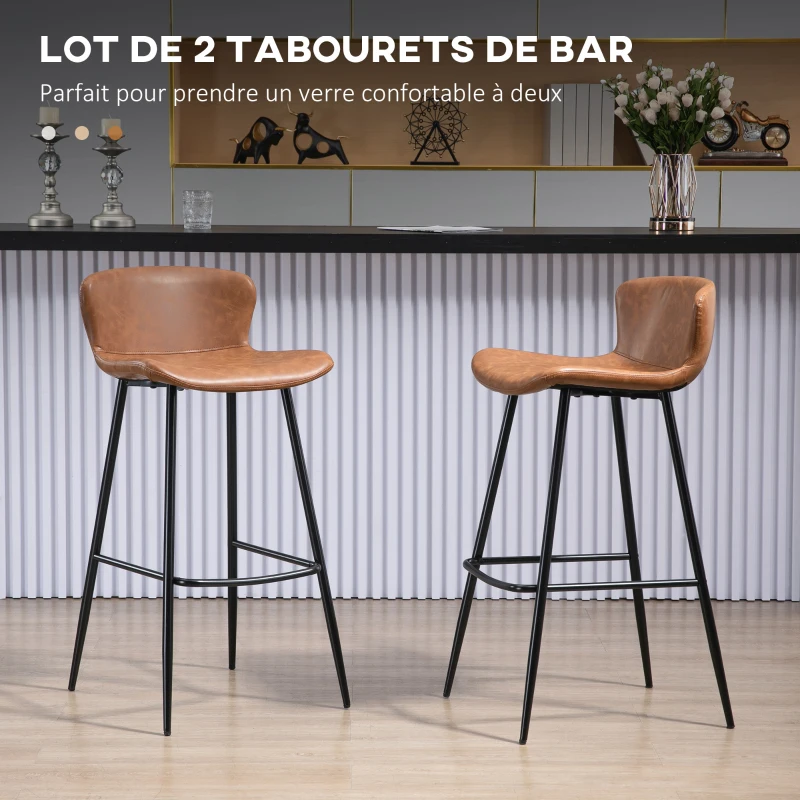 HOMCOM Lot de 2 tabourets de bar assise en similicuir hauteur 76 cm avec repose-pieds en acier et dossier design vintage marron
