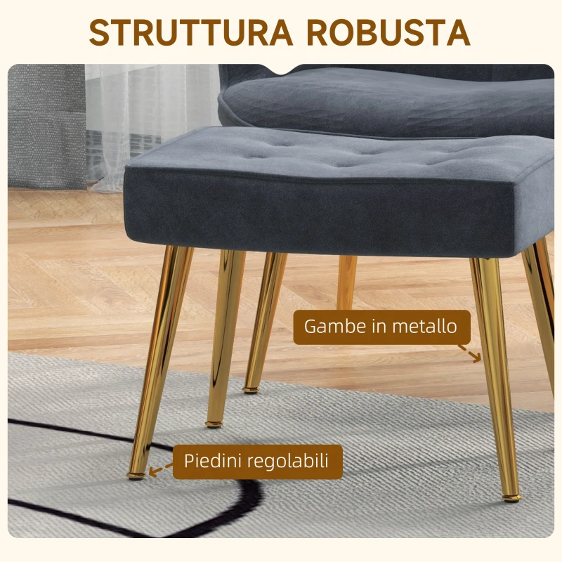 HOMCOM Poltrona Moderna con Pouf Poggiapiedi, Set Vellutato e Imbottito con Gambe Dorate, Grigio