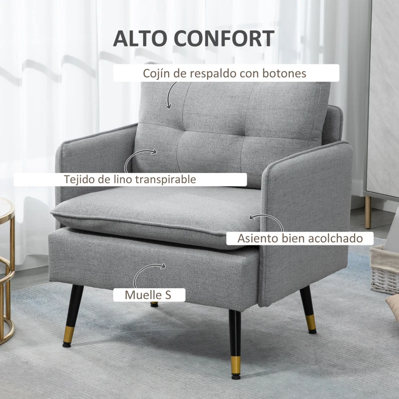 HOMCOM Butaca de Salón con Reposabrazos Asiento Acolchado y Patas de Acero Sofá Individual de Moderno 76x68x80 cm Gris