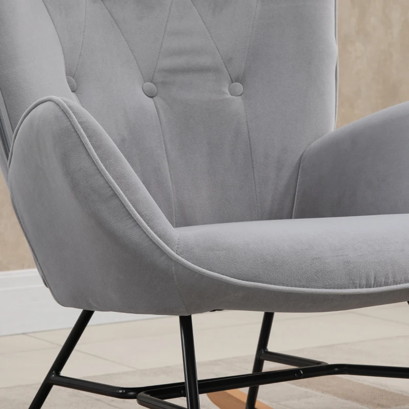 HOMCOM Fauteuil à Bascule, Rocking Chair, fauteuil allaitement confortable avec Structure en bois massif et métal pour Salon, Chambre, Balcon, Velours Gris clair