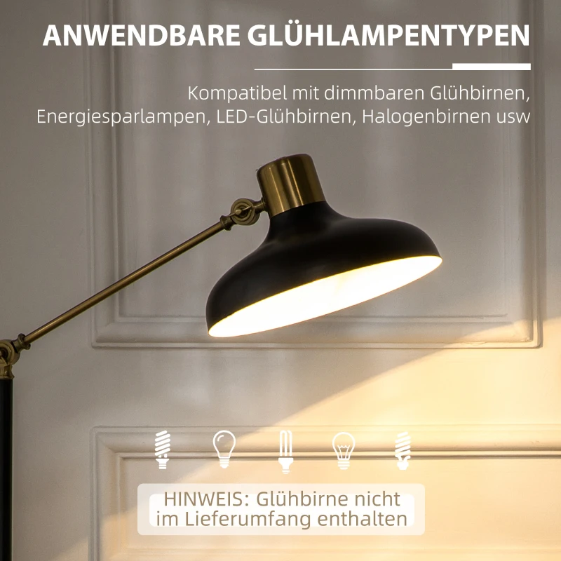 HOMCOM Stehlampe im Industriedesign, Stehlampe, Emaille, flexibles Gestell, Fußschalter, Schwarz + Gold