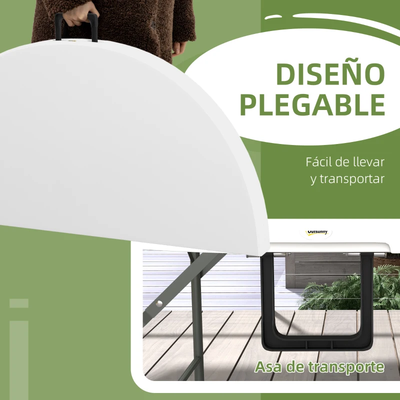 Outsunny Mesa Auxiliar Redonda Mesa de Jardín Plegable con Marco de Acero y Encimera de HDPE Carga 80 kg Ø122x73 cm Blanco