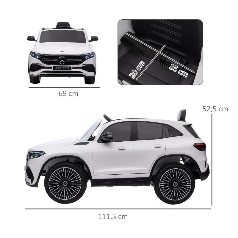 HOMCOM Coche Eléctrico para Niños Mercedes-Benz EQA 12V Control Remoto Música Bocina Velocidad 3-8 km/h  111,5x69x52,5cm Blanco