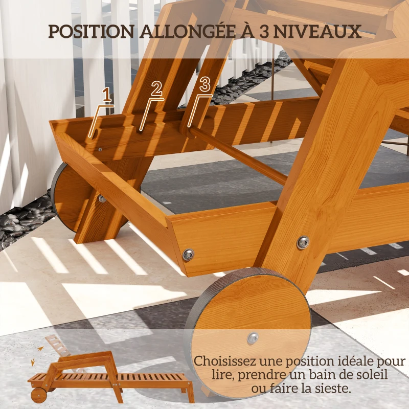 Outsunny Bain de soleil en bois à lattes avec dossier inclinable sur 3 positions accoudoirs 2 roues 66 x 190 x 73,5 cm