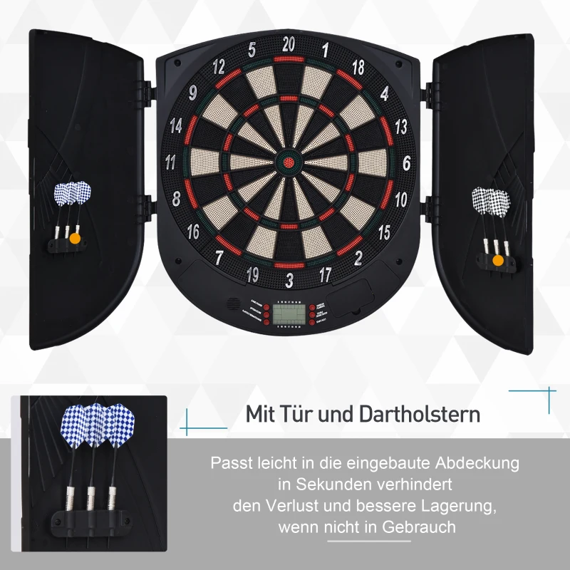 HOMCOM Elektronische Dartscheibe Dartboard mit Sprachansagen Englische Stimme LED-Anzeigen 6 Darts 26 Spiele 185 Varianten Dartautomat mit Tür Dartscheibe Set für bis zu 8 Spieler