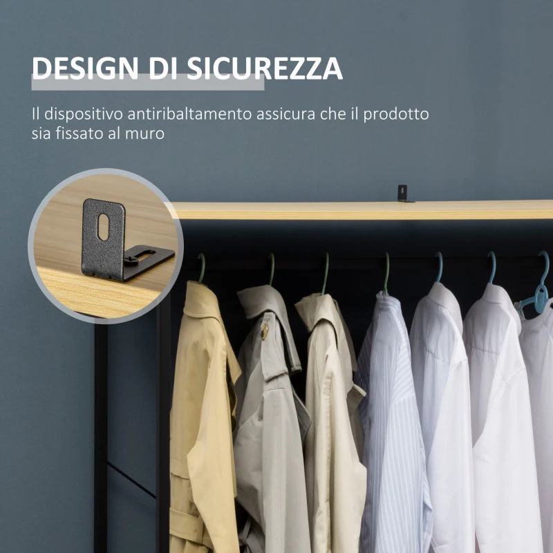 HOMCOM Appendiabiti in Stile Industriale con 2 Cassetti e 4 Ripiani Aperti in Dotazione, in Acciaio e Truciolato, 130x40x180cm, Color Legno e Nero