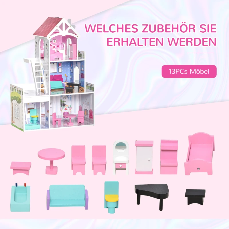 HOMCOM Puppenhaus aus Holz mit Möbeln Zubehör Puppenstube Puppenvilla 3 Etagen Dollhouse Große Spielset für Kinder ab 3 Jahren Rosa 60 x 29 x 85 cm