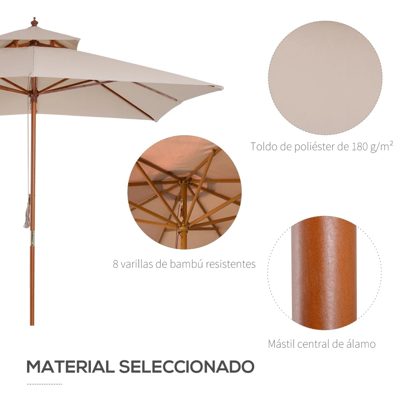 Outsunny Sombrilla de Jardín 3x3x3 m con Doble Techo Sistema de Polea Impermeable para Terraza Balcón Exterior Beige(m-4)