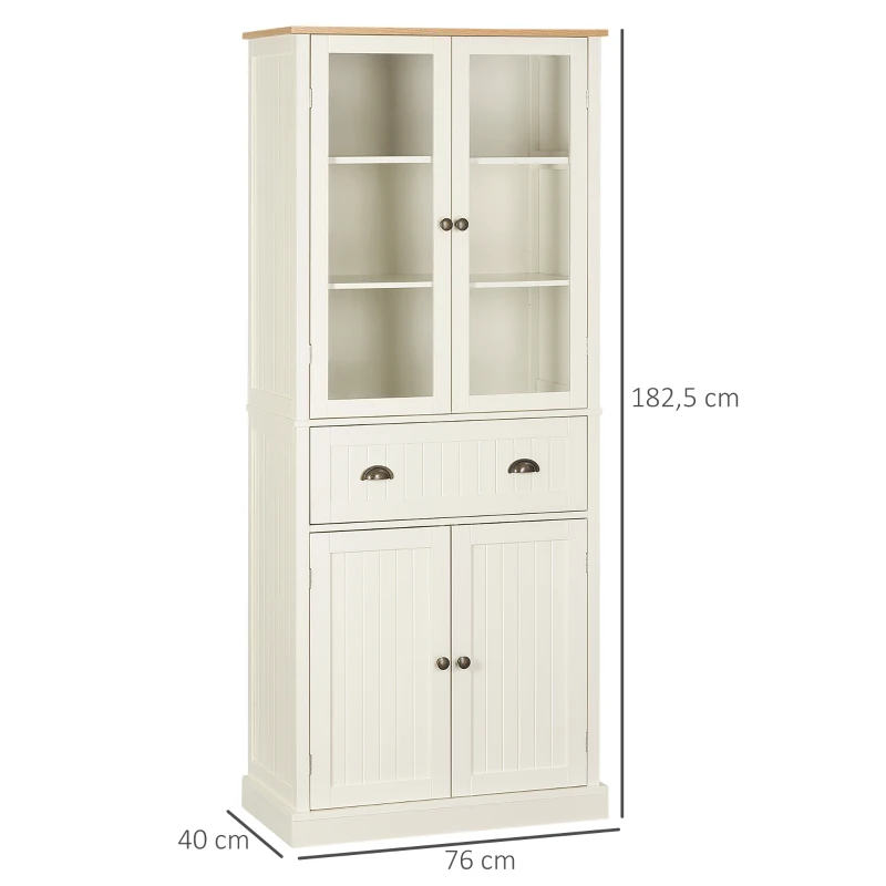 HOMCOM Buffet meuble cuisine rangement armoire de cuisine 4 portes dont 2 portes vitrées et 1 tiroir hauteur 182,5 cm avec étagères réglables - beige(m-3)