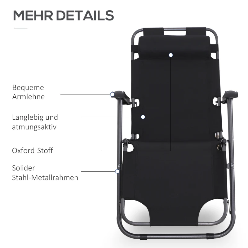 Outsunny Sonnenliege mit Kissen, Klappbare Strandliege, 2-Stufige Gartenliege , 2-in-1 Relaxliege, Metall + Oxfordstoff, Schwarz 118 x 60 x 80 cm