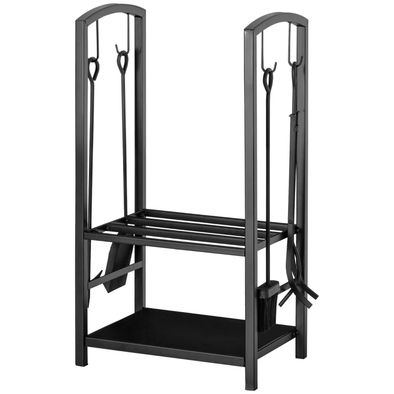 Outsunny Kaminholzständer, Brennholzregal, 2 Etagen, Kaminbesteck, bis 100 kg, Stahl, Schwarz, 40 x 30 x 74,5 cm