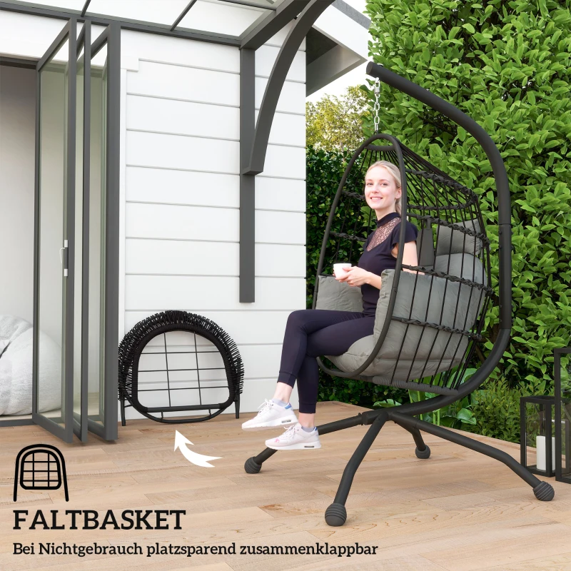 Outsunny Buitenhangstoel met inklapbare korfzitting en dikke kussens, standaard, hoofdsteun, bekerhouder, Zwart