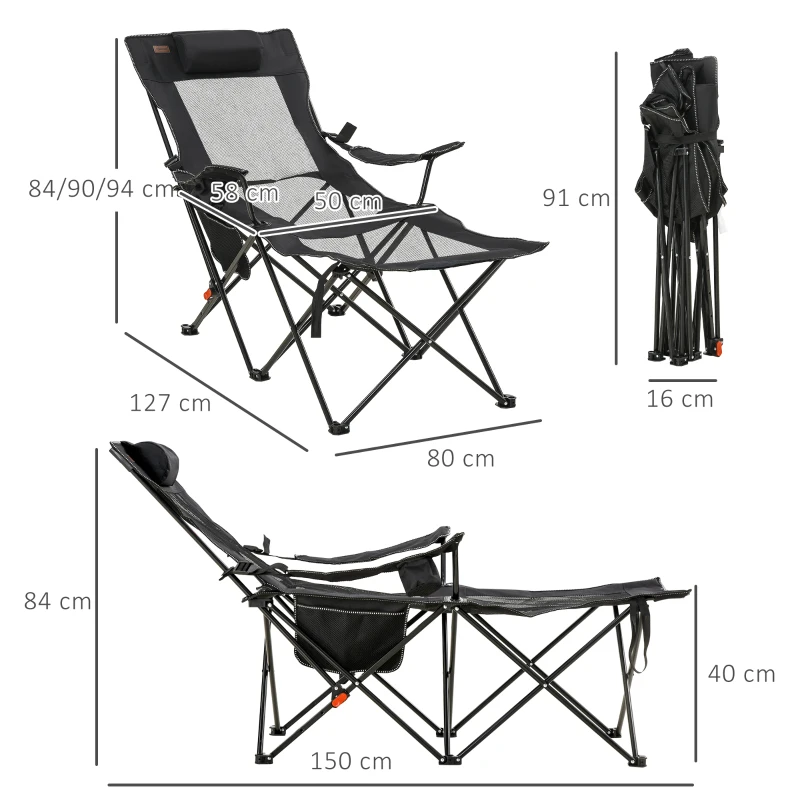 Outsunny Chaise de camping pliable avec repose-pied + Porte-gobelets + coussin appui-tête et sac de transport inclus noir
