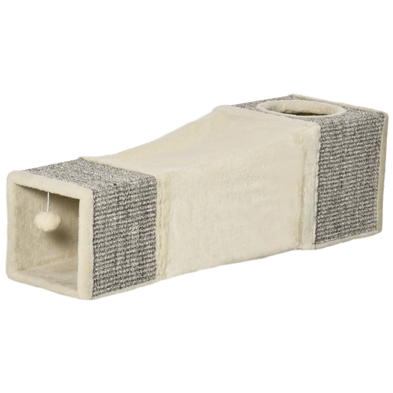 PawHut Túnel para Gatos de Interior Plegable con Múltiples Entradas Casetas de Sisal y Bola Colgante 98x30x30 cm Crema