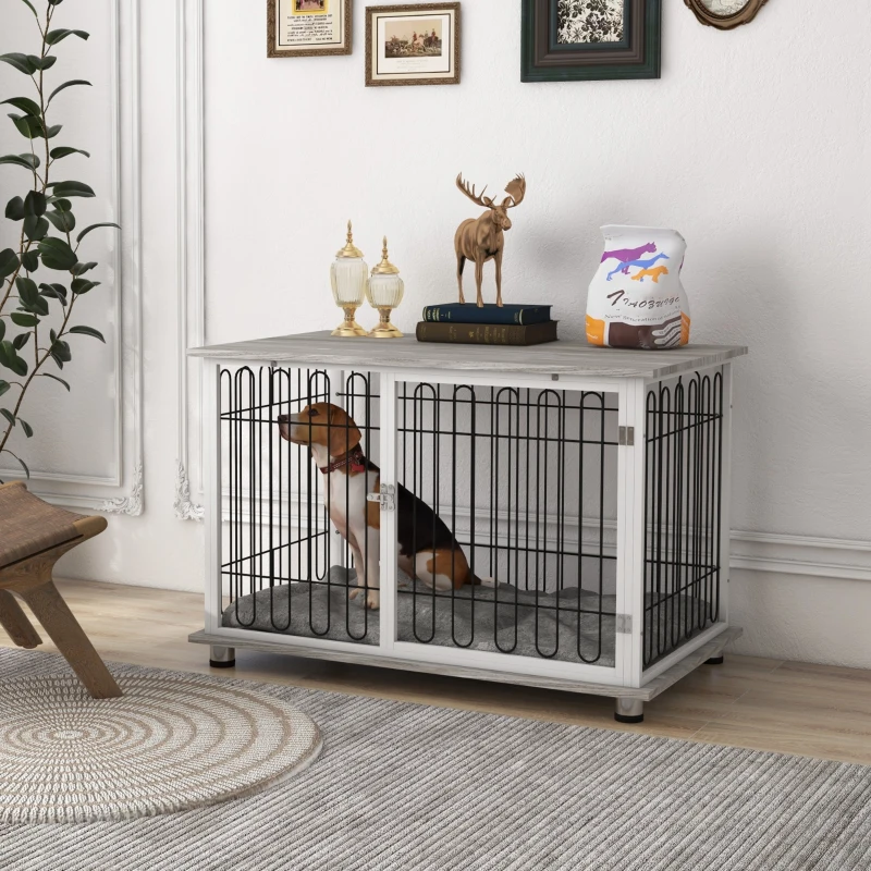 PawHut Indoor Dog Crate Furniture, Side End Table, with Soft Washable Cushion, Lockable Doors, for Large Dogs