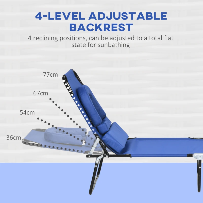 Outsunny Outdoor Folding Sun Lounger Set of 2 with Face Hole, 4 Level Adjustable Backrest Reclining Garden Lounger, Garden Recliner Sunbed with 600 D Oxford Cloth Seat and Pillow for Beach, Blue