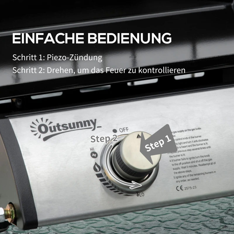 Outsunny Gasgrill mit 2 Brennern, Schlauch, Antihaft-Grillplatte, Edelstahl, Farbe: Silber, 48,5 x 48 x 21 cm