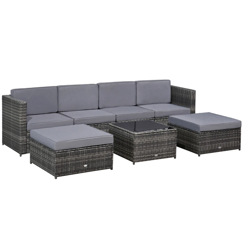 Outsunny 7Pc Rattan Garden Furniture Wicker Sofa & Coffee Table Set Patio Furniture Outdoor with Cushions Grey
