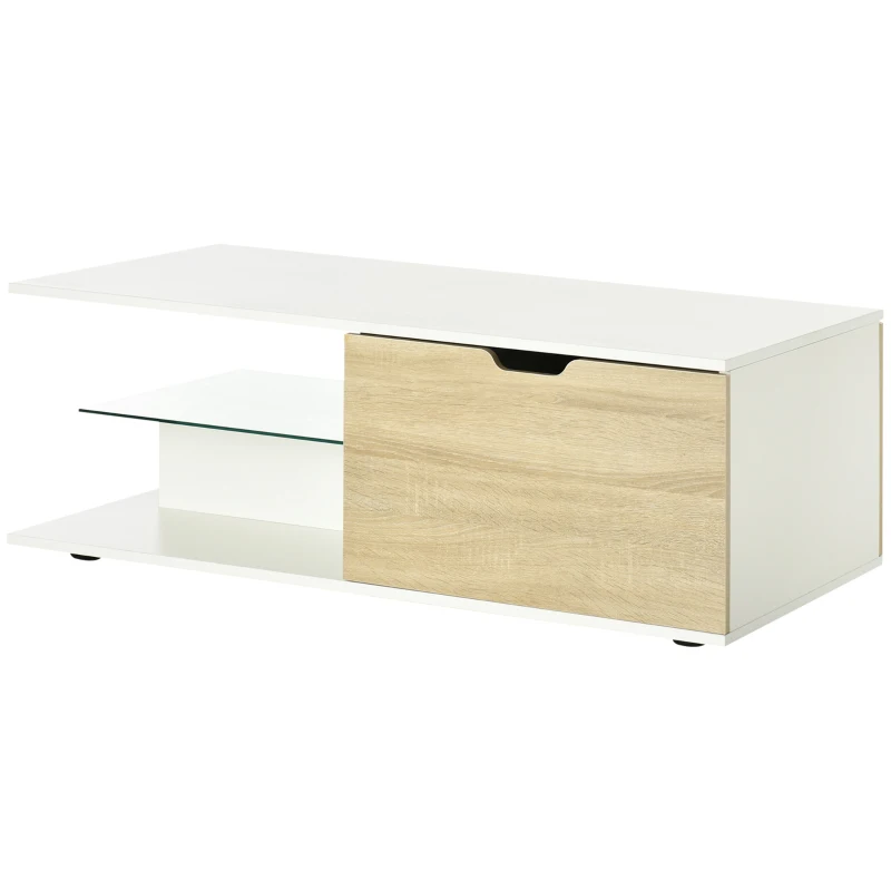 HOMCOM Table basse rectangulaire design contemporain 2 tiroirs 2 niches étagère verre trempé panneaux blanc aspect chêne clair