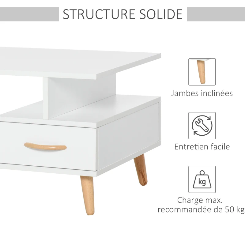 HOMCOM Table Basse rectangulaire Design scandinave 100L x 50l x 40H cm Niche + tiroir & Placard Bois Massif pin Panneaux Particules Blanc