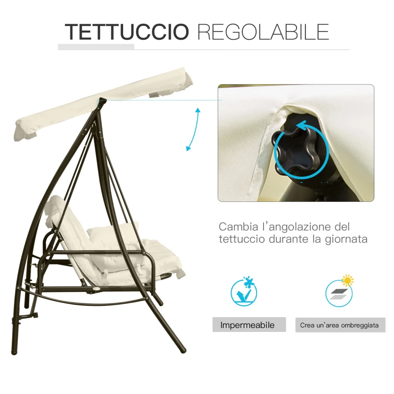 Outsunny Dondolo da Giardino 3 Posti convertibile in Letto con Tetto Reclinabile e Cuscini, 200x125x170 cm, Crema
