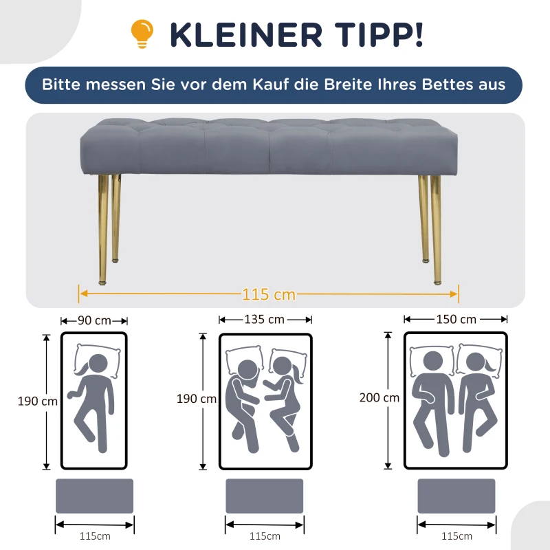HOMCOM Sitzbank im Tufting-Design, Bezug in Samtoptik, Stahlbeine, hellgrau, 115 x 46 x 49 cm