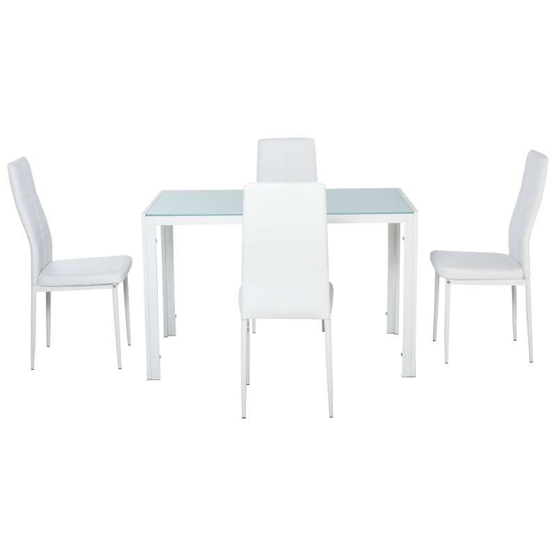 HOMCOM Conjunto de Comedor de Mesa y 4 Sillas 5 Piezas Mesa Rectangular de Vidrio Templado y Sillas Tapizadas en PU Blanco