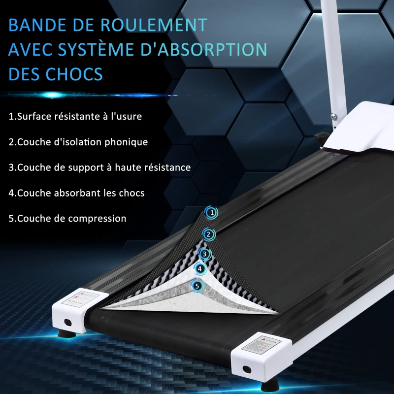 HOMCOM Tapis de course Fitness électrique pliable - 1 à 10 Km/h - écran LCD multifonctions - puissance 500 W - noir et blanc