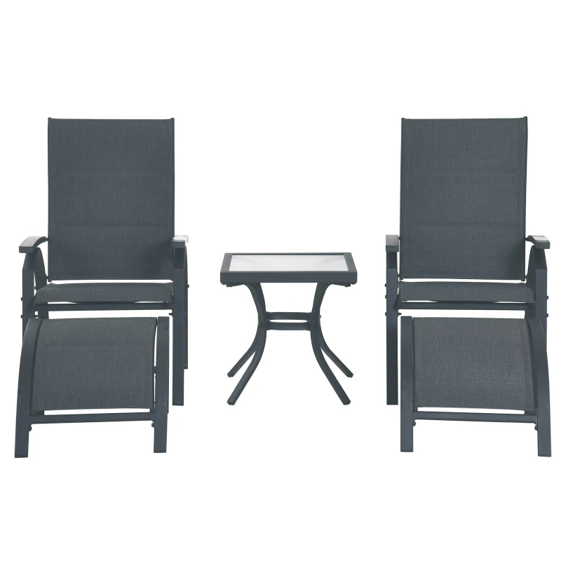 Outsunny Lot de 2 transats bains de soleil grand confort dossier inclinable, repose-pied amovibles intégrés table basse métal époxy textilène gris