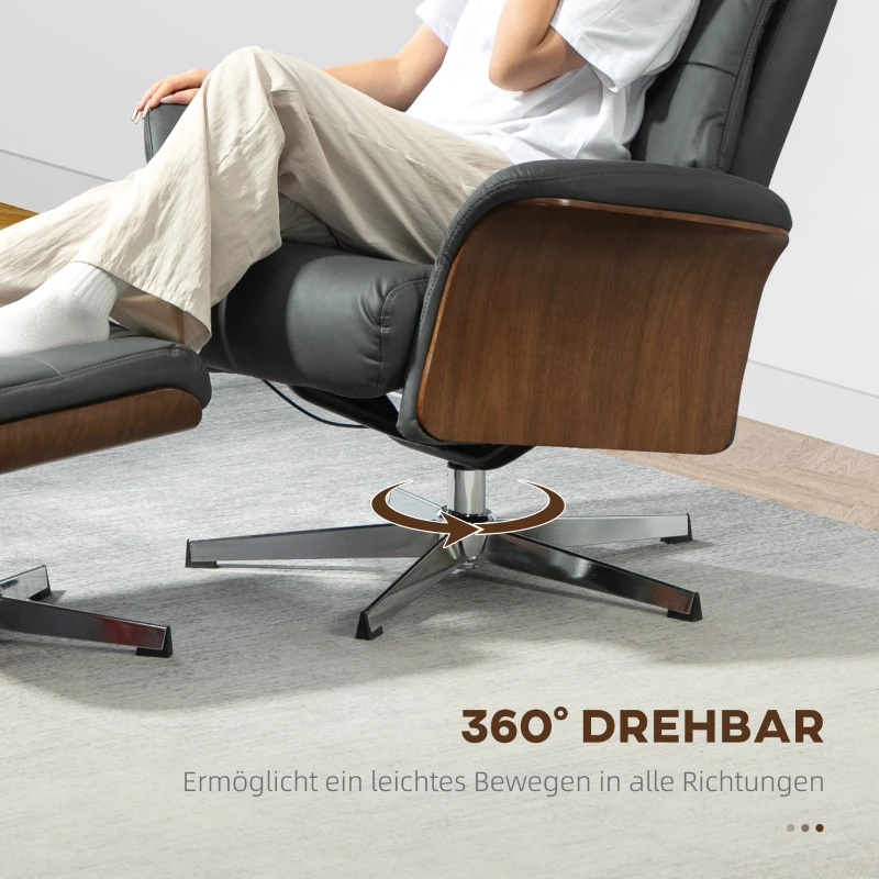 HOMCOM Relaxsessel mit Hocker, Liegefunktion, drehbar, Lederoptik, bis 150 kg, Dunkelgrau