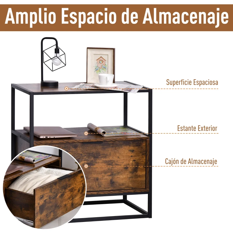 HOMCOM Mesa Consola Auxiliar de Estilo Industrial con Gran Cajón y Estante Abierto con Superficie Espaciosa Mesa Multifuncional Retro con Marco de Metal  73x45,5x76 cm Marrón Rústico