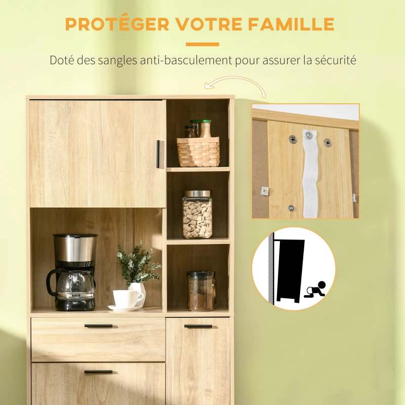 HOMCOM Buffet de cuisine armoire de cuisine multi-rangements avec un tiroir, 3 placards, 4 niches et passe-câbles hauteur 166 cm(m-5)