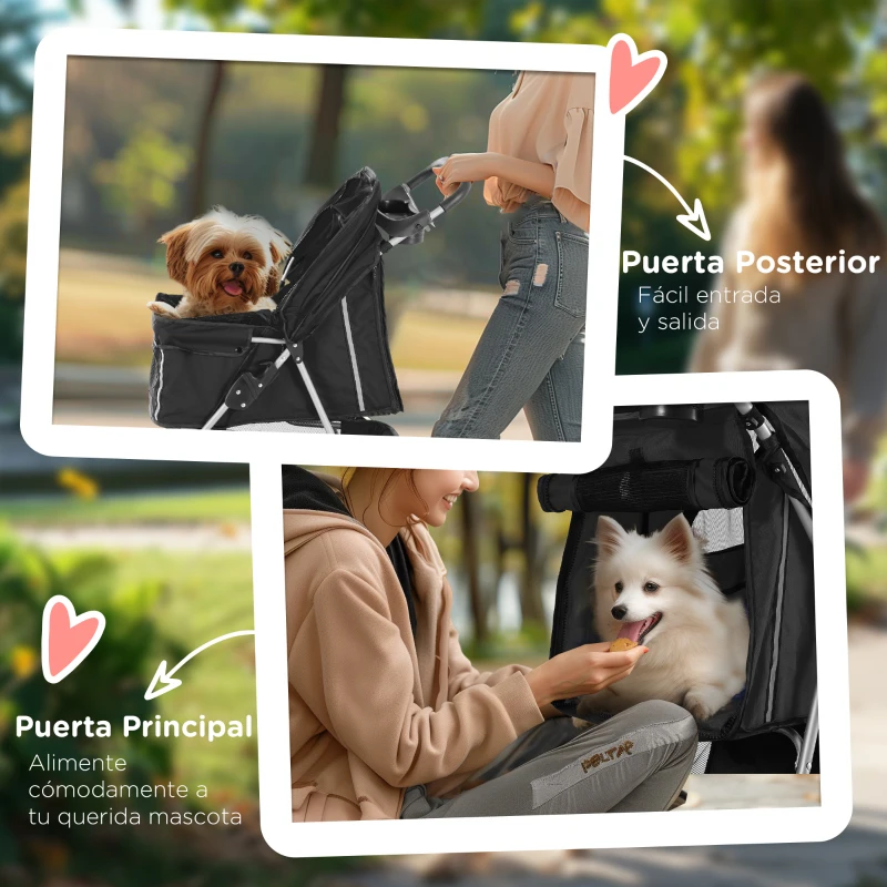 PawHut Carrito para Perros Pequeños con Cesta de Almacenaje Ventanas de Malla y 2 Ruedas Universales 75x45x97 cm Negro