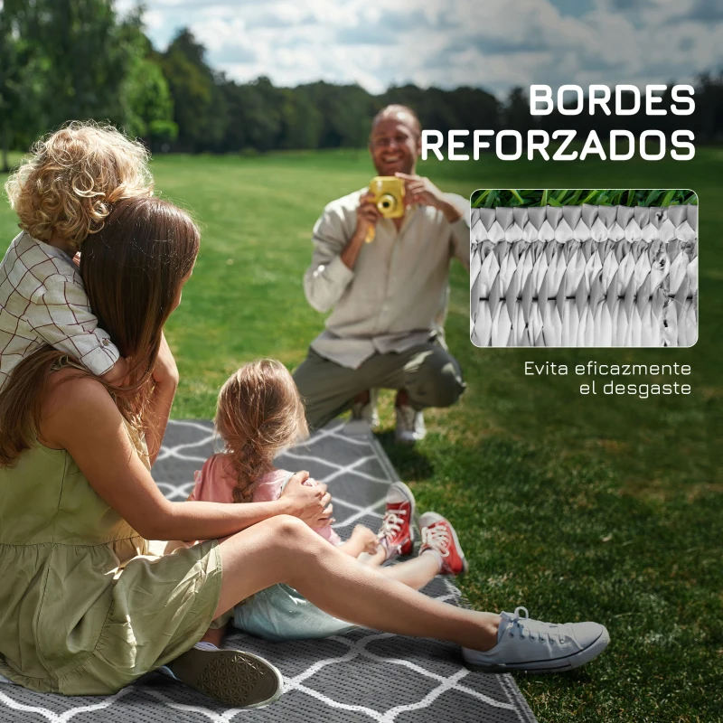 Outsunny Alfombra Exterior Reversible 182x274 cm de Plástico Impermeable para Terraza Patio Camping Playa Gris y Blanco