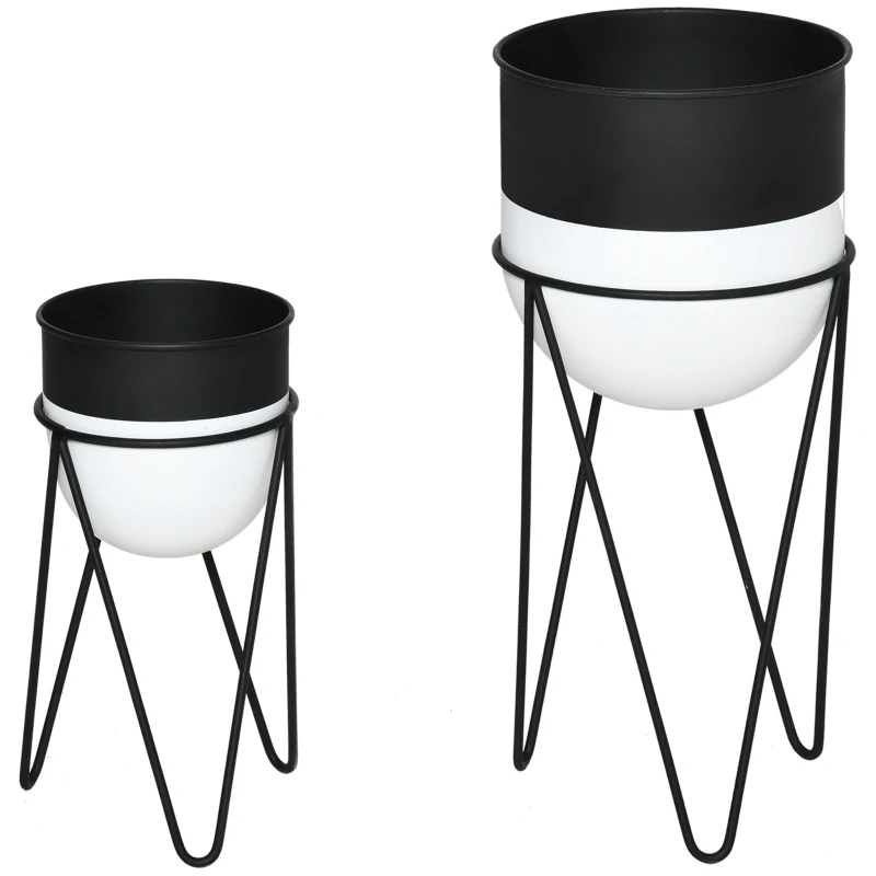 Outsunny Fioriera Set di 2 Pezzi con Supporto di Metallo per Arredamento Interni ed Esterni Nera
