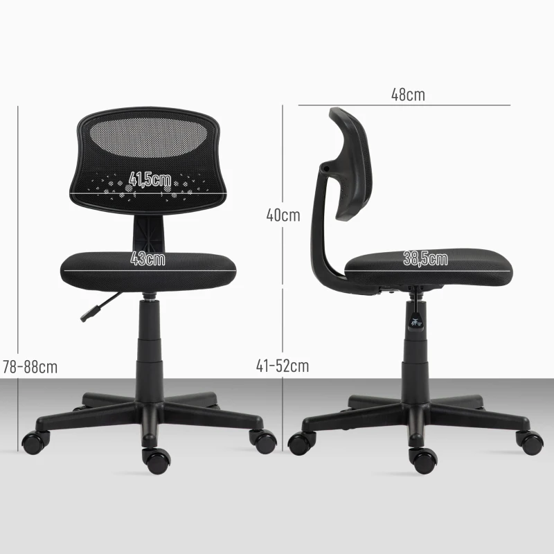 HOMCOM Silla de Oficina sin Brazos Silla de Escritorio Giratoria con Respaldo de Malla Transpirable Altura Ajustable Negro