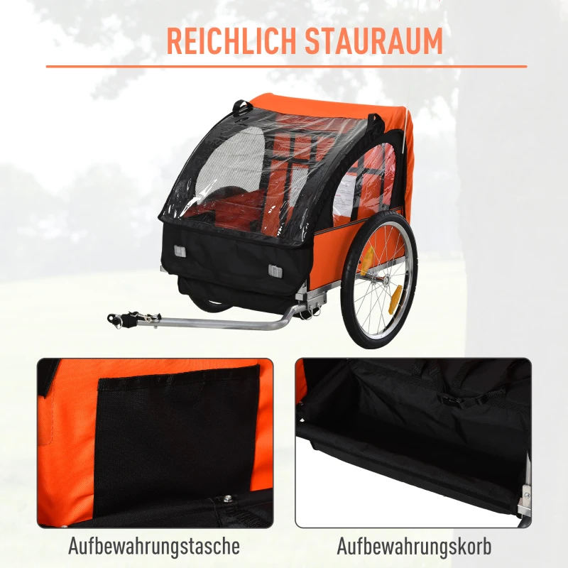 HOMCOM Kinderanhänger Kinderfahrrad geeignet für 2 Kinder, Stahlrahmen, Sitzträger mit Sicherheitsgurt, für Kinder ab 18 Monaten, Oxford-Gewebe, Stahl, 130x76x88 cm, Orange+Schwarz