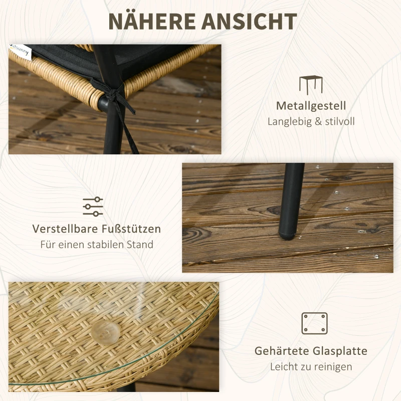 Outsunny Gartensitzgruppe für 2 Personen, Rattanoptik, runder Tisch, zwei Stühle, inkl. Sitzkissen, Sandfarbe