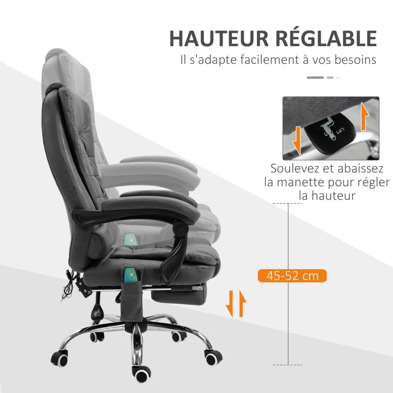 Vinsetto Fauteuil de bureau massant chauffant hauteur réglable dossier inclinable repose-pied + coussin lombaires intégrés