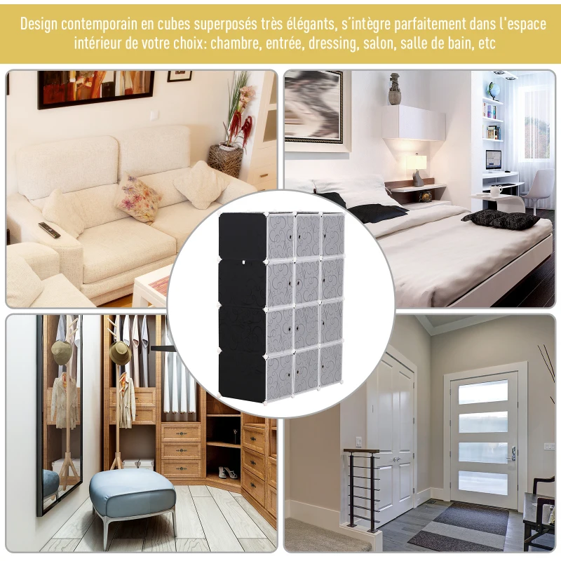 HOMCOM Garde robe armoire à vêtements L 111 x l 47 x H 145 cm modulable 12 cubes noir et blanc