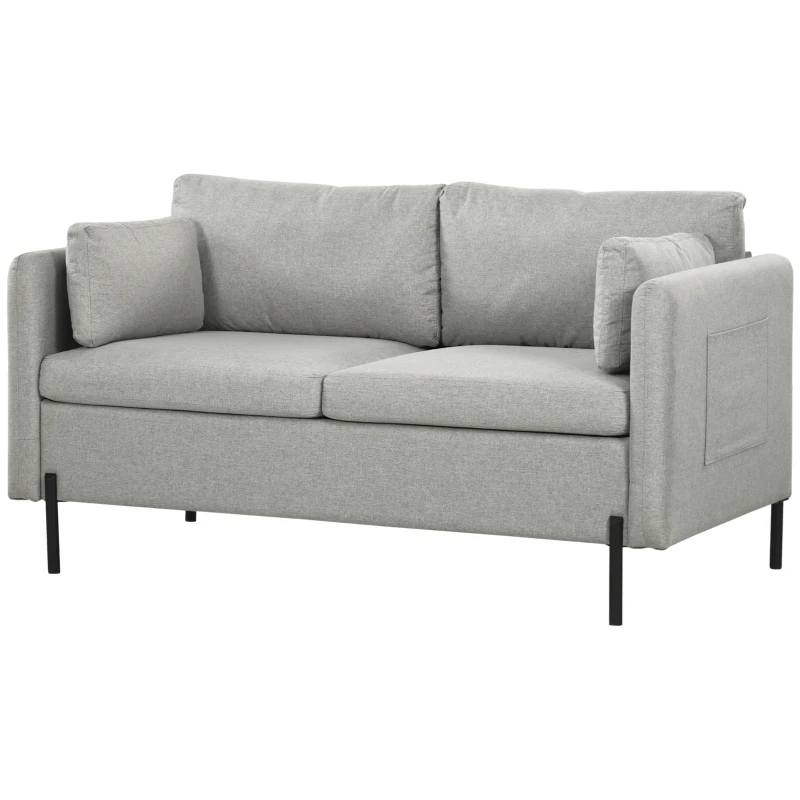 HOMCOM Divano 2 Posti per Soggiorno in Tessuto Effetto Lino e Acciaio con Tasche Laterali, 143x73x77cm, Grigio