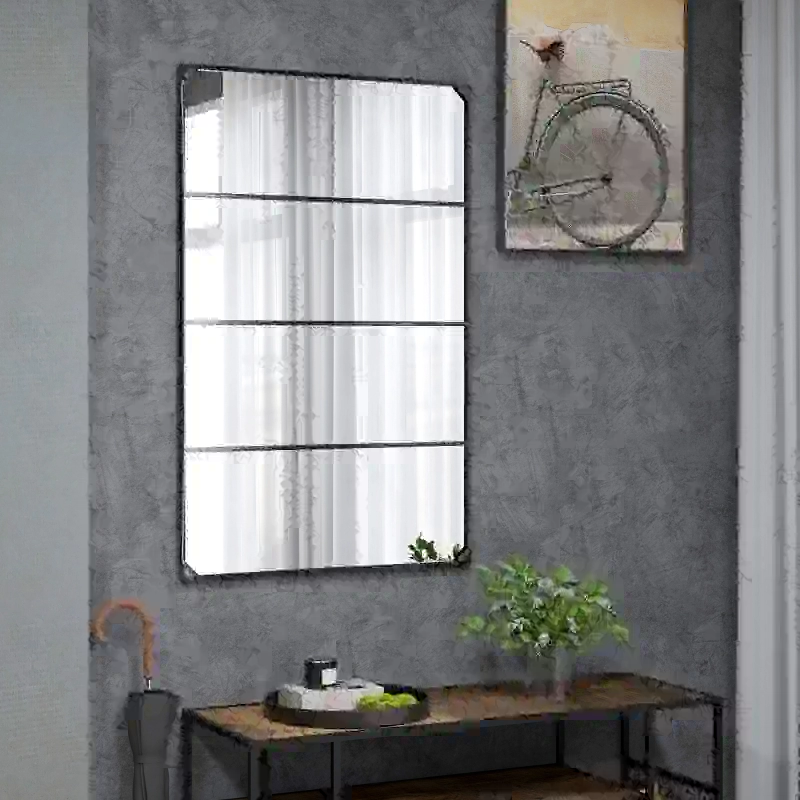 HOMCOM Specchio da Parete in Stile Industriale con 4 Ganci, in Vetro Multistrato, Metallo e MDF, 109x2x69 cm, Nero