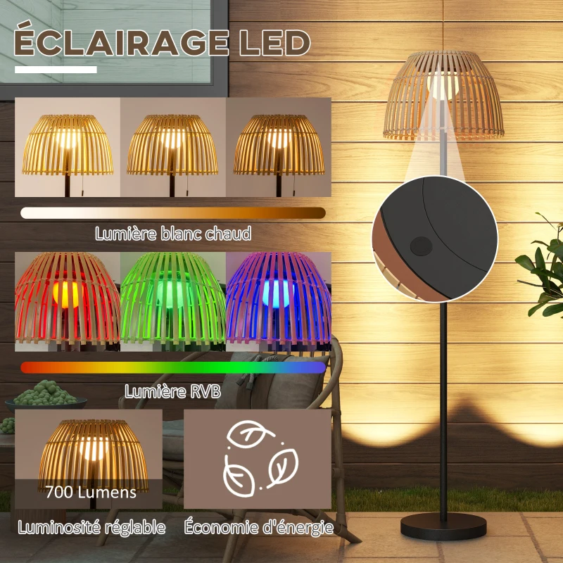 Outsunny Lampadaire extérieur LED solaire sans fil avec batterie rechargeable par USB avec abat-jour bambou - dim. Ø39 x 153H cm