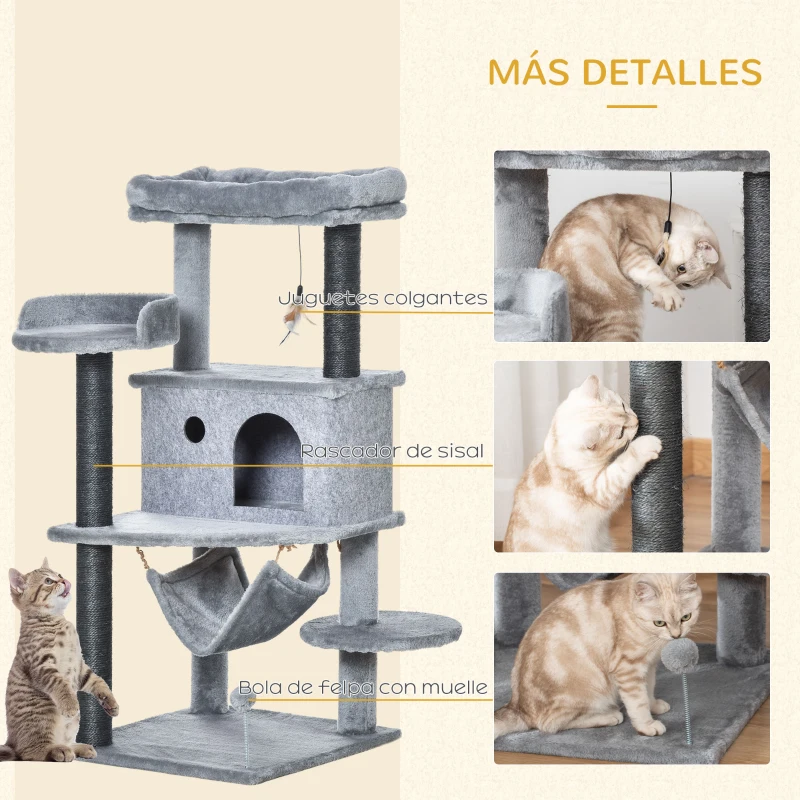 PawHut Árbol Rascador para Gatos 48x48x107 cm Torre para Gatos con Cueva de Fieltro Desmontable Hamaca Camas Plataformas Gris