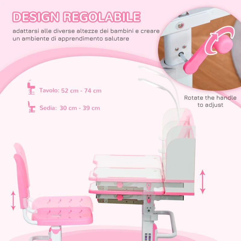 HOMCOM Banco Scuola per Bambini 6-12 Anni Regolabile con Luce LED, Leggio e Portapenne, in MDF, PP e Acciaio, Rosa