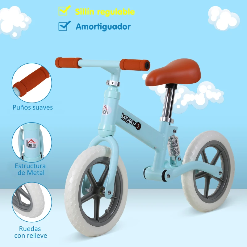 HOMCOM Bicicleta Sin Pedales Para Niños Mayores de 2 Años Bicicleta Entrenamiento Equilibrio con Sillín Regulable Acolchado Rueda Antideslizante Carga 25 kg 85x36x54 cm Color Azul