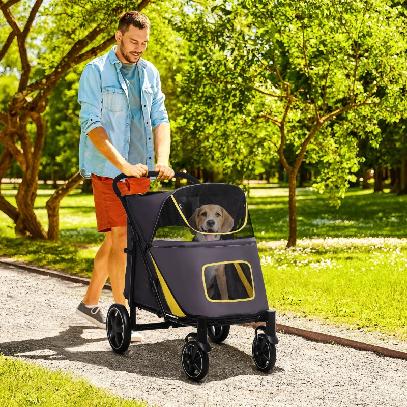 PawHut Foldable Pet Stroller, with Universal Wheels, Shock Absorber, for Medium and Large Dogs - Grey(m-2)