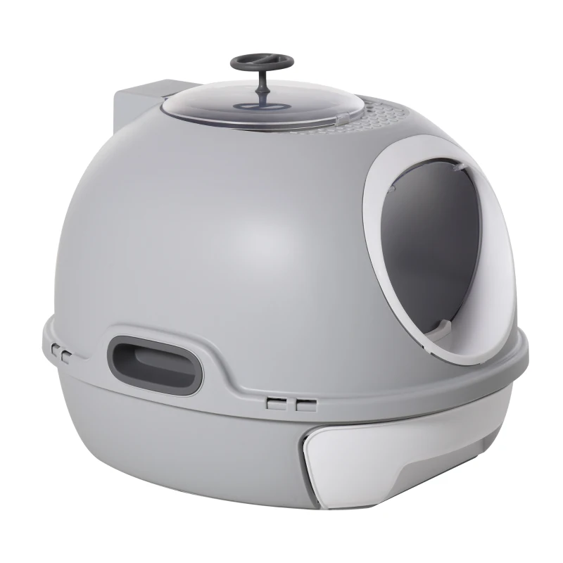 PawHut Caja de Arena para Gatos Arenero Cerrado con Claraboya Abatible Bandeja Extraíble y Pala 47x55x44 cm Gris